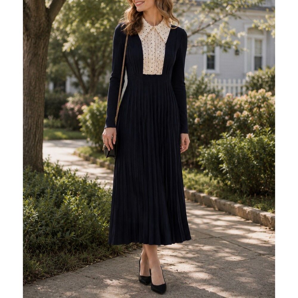 Deep Blue Pleated Dress with Polka Dot Details Size Small